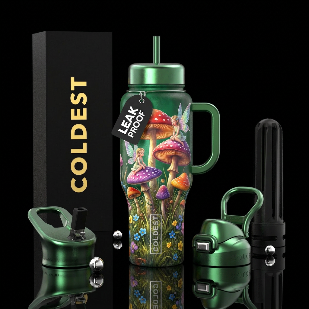 Green bottle with metallic green handle and lids ,... water bottle design