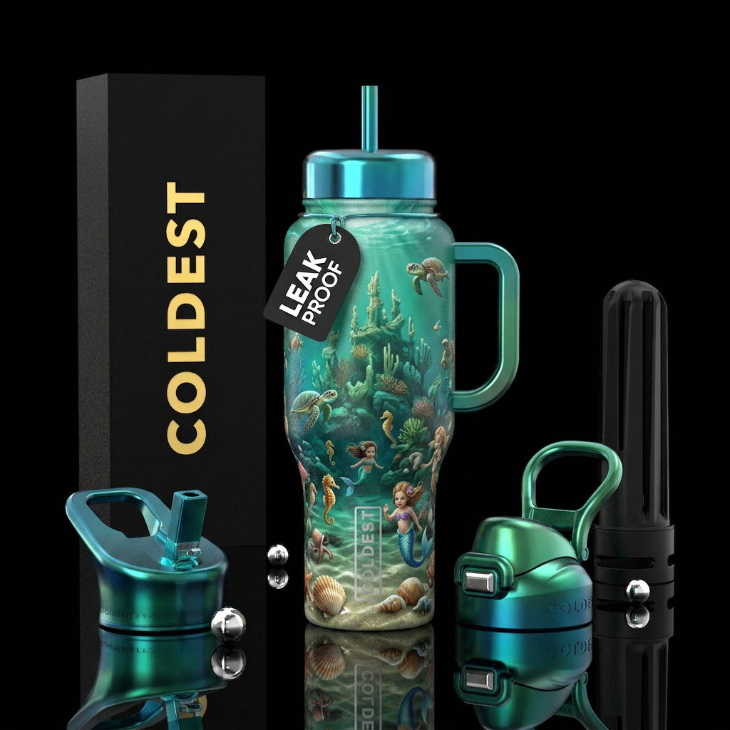 Green and blue bottle with shiny handles and lid, ... water bottle design