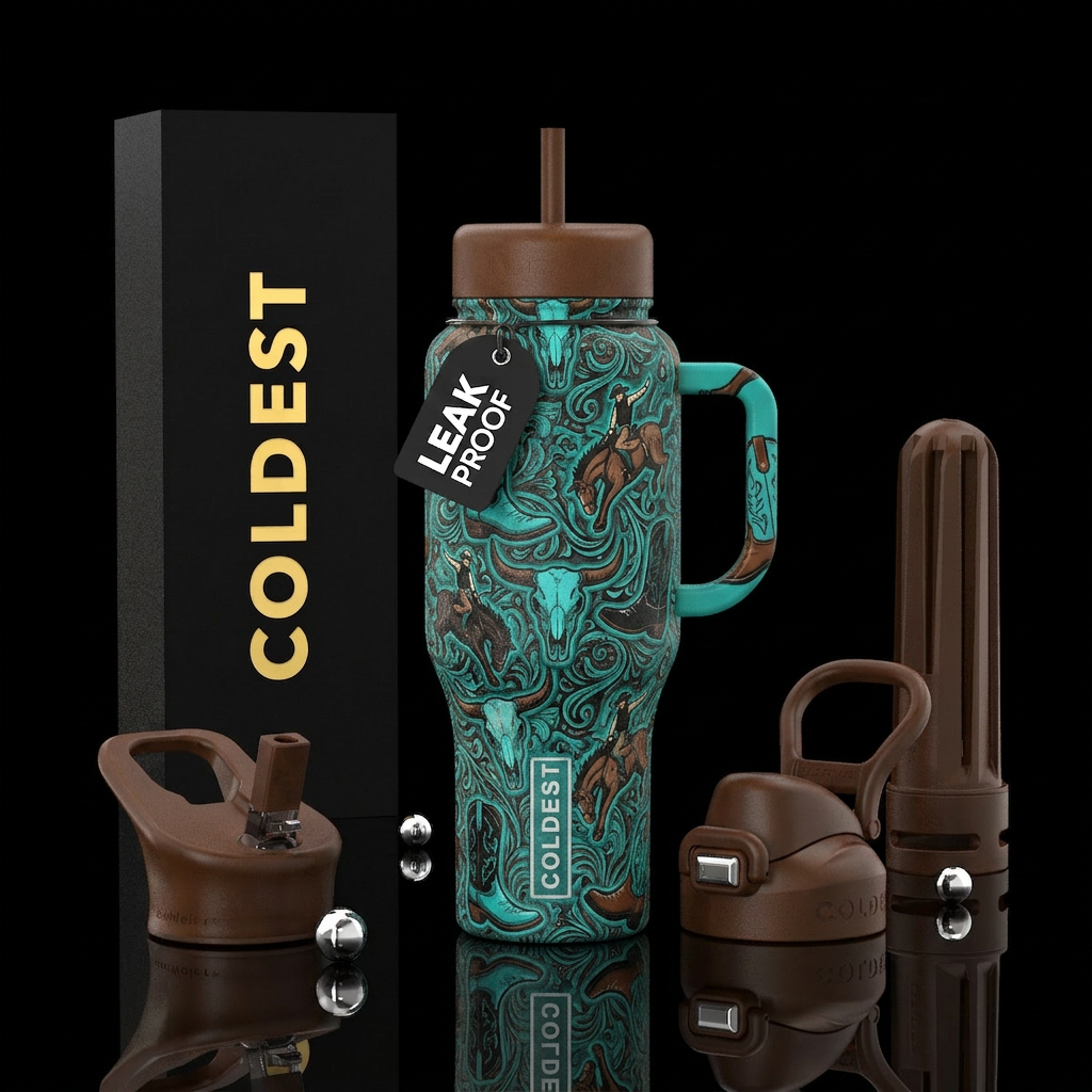 Bull riders and bronc ryders , teal cup with brown... water bottle design