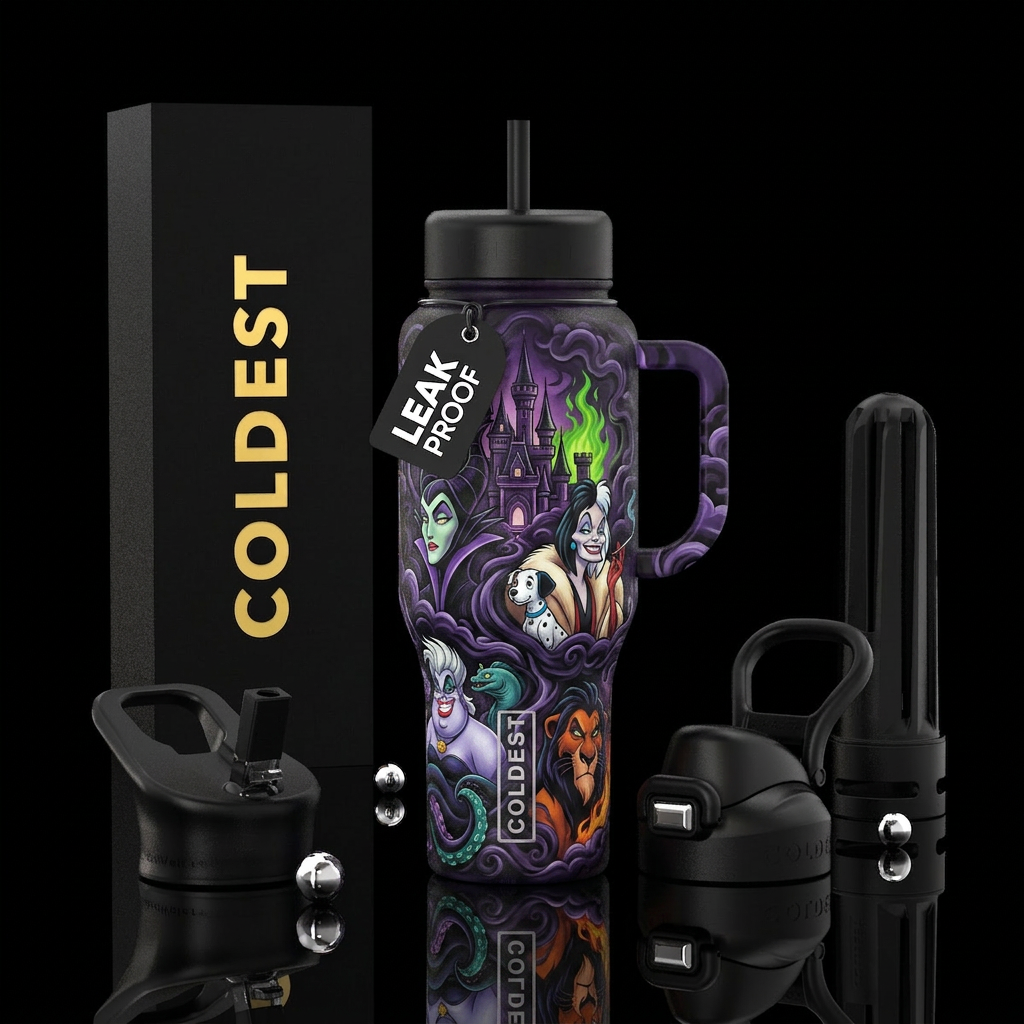 Disney castle purple and black with Disney villain... water bottle design
