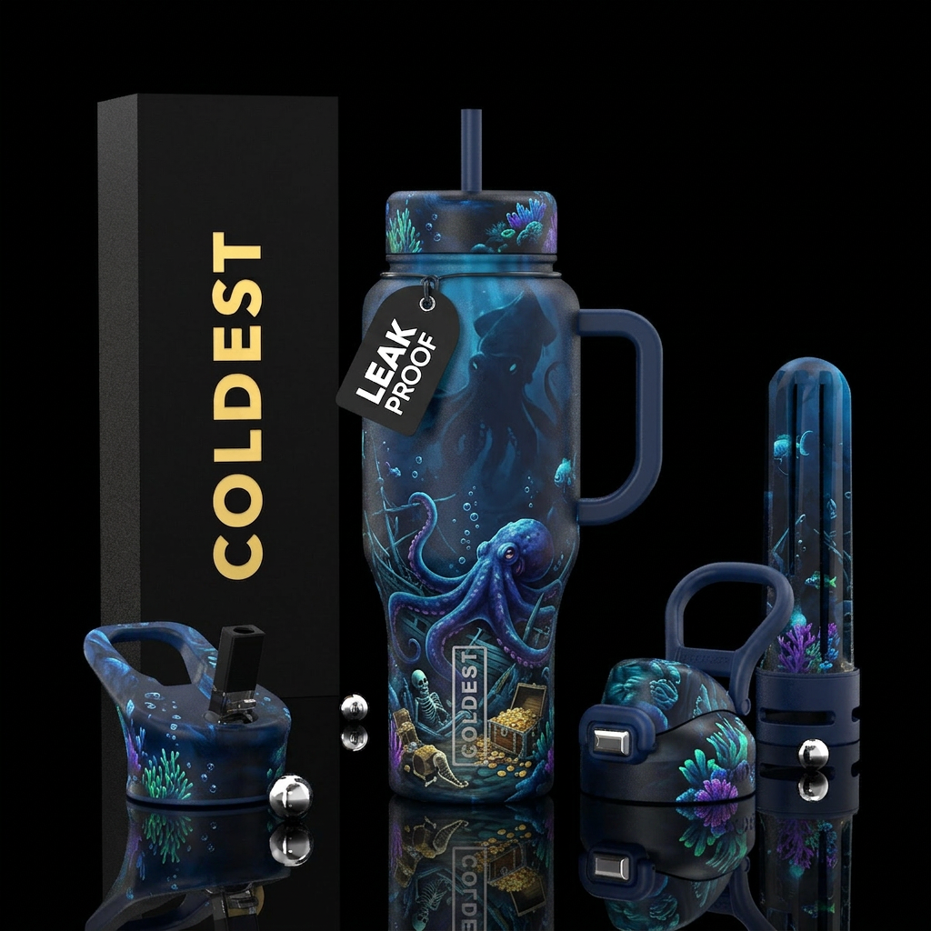 Dark blue and black cup with a giant octopus at th... water bottle design