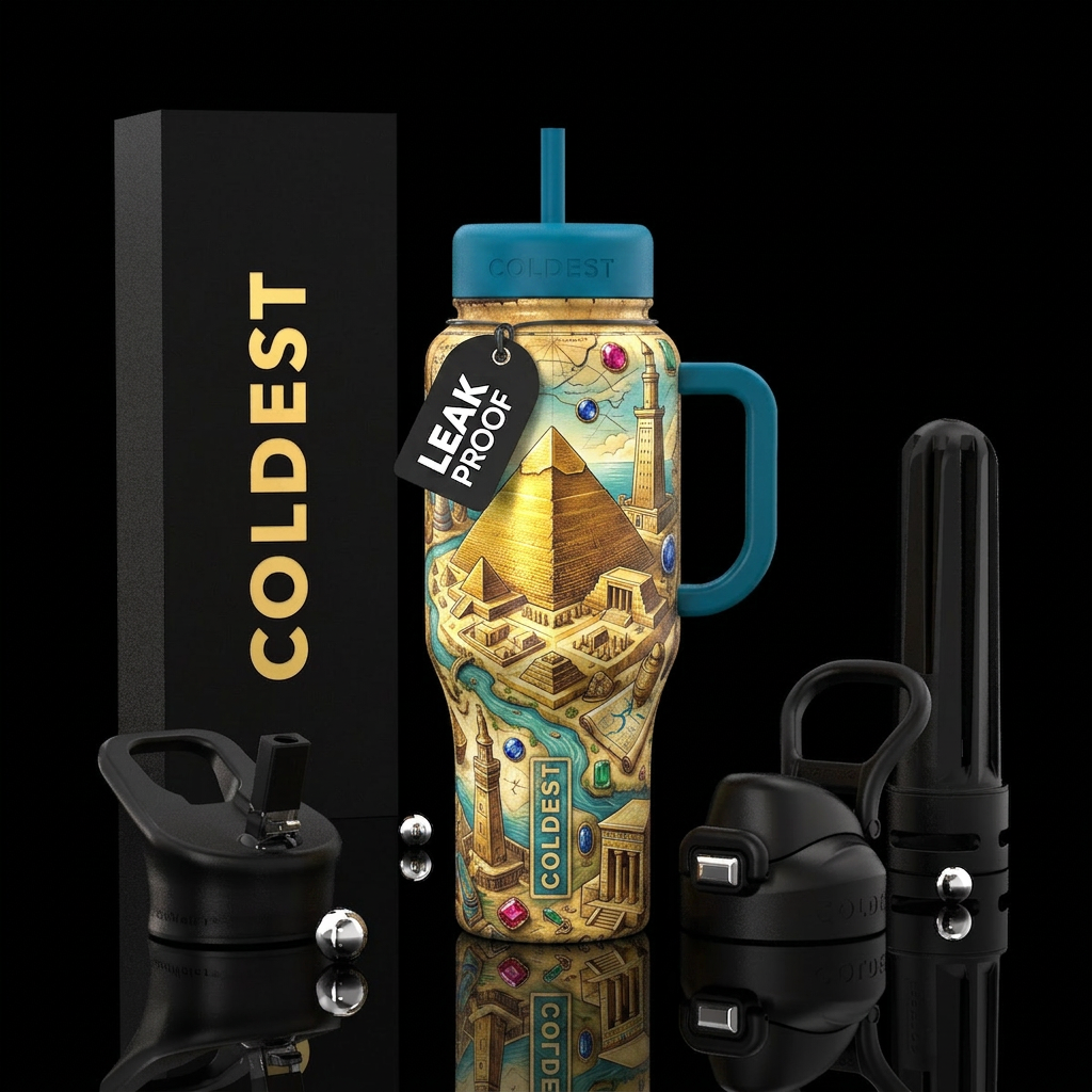 Gold bottle inside of large pyramid with tombs and... water bottle design