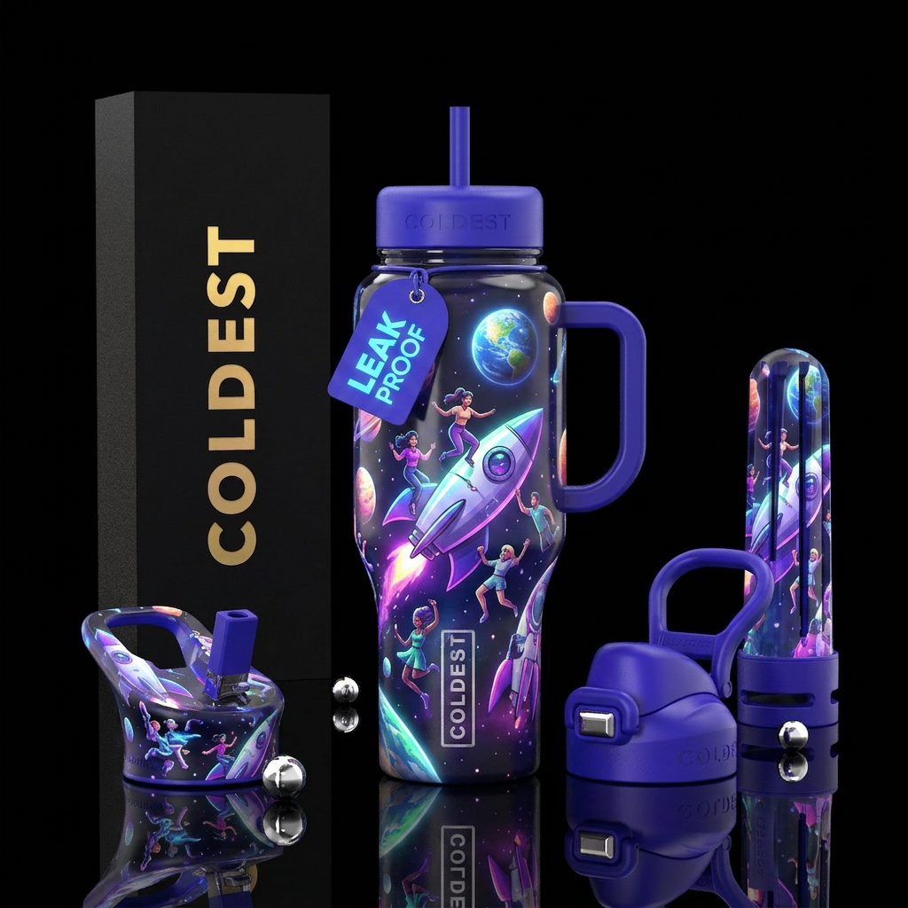 Rocket ship in space , earth at a distance , plane... water bottle design