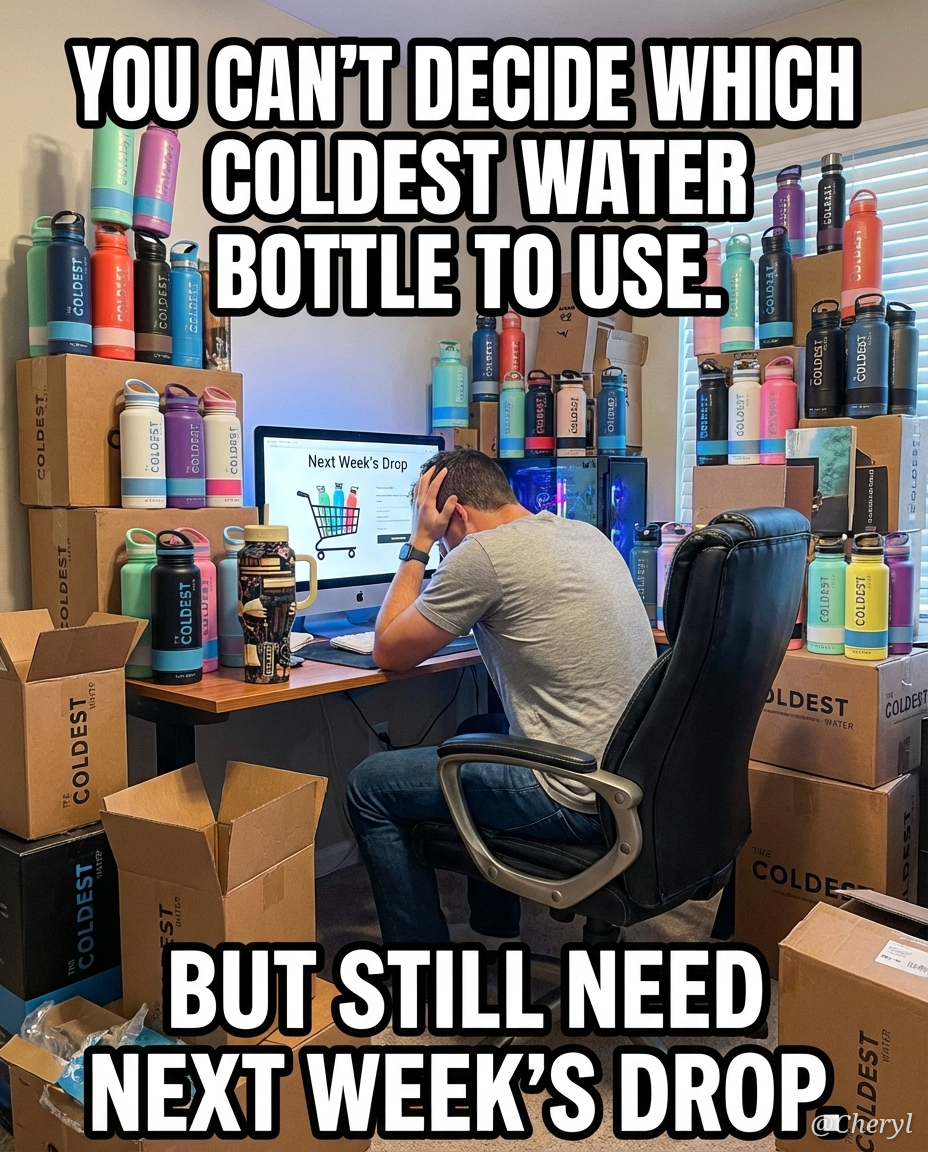 A person sitting in a computer chair at a desk . T... water bottle design