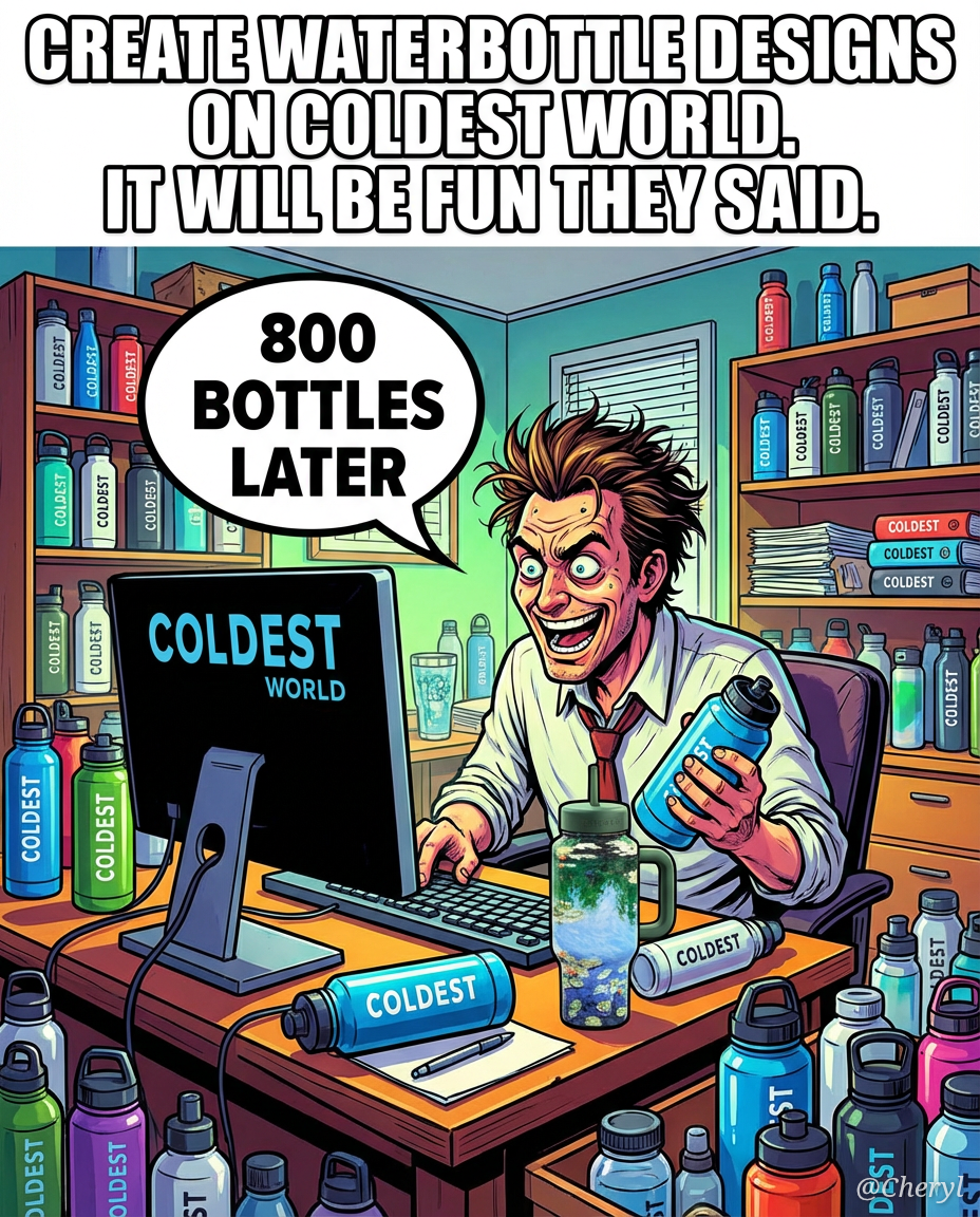 A person sitting at a desk with a computer. The sc... water bottle design
