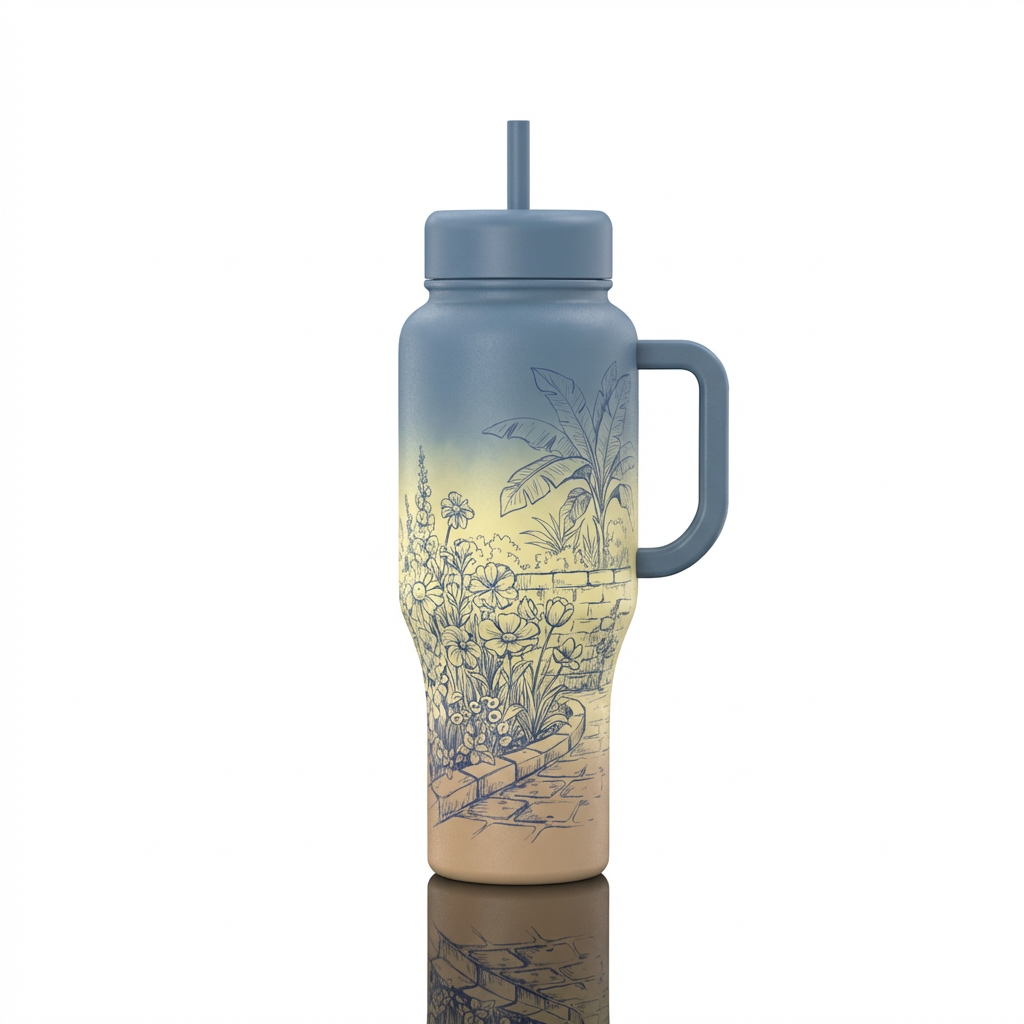 Dusty blue,  yellow, tan dip die blended where col... water bottle design