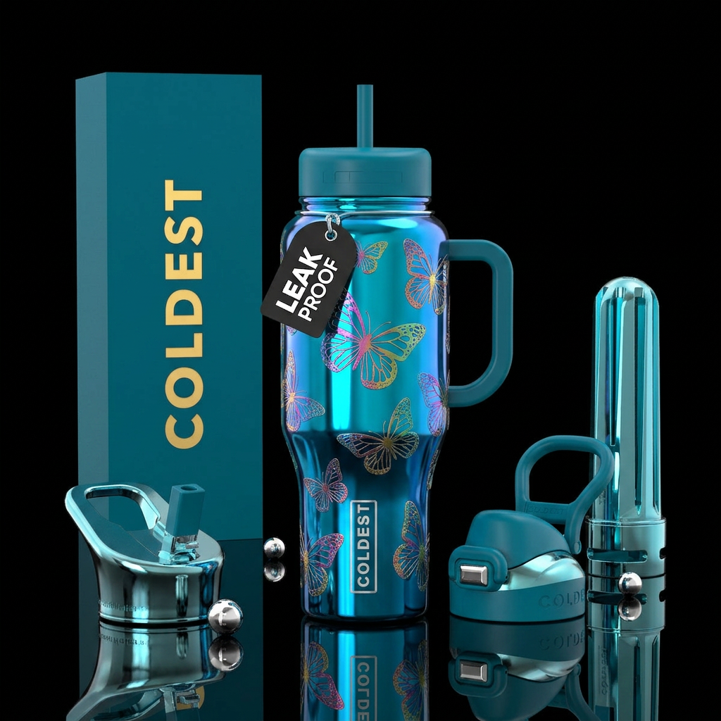 butterfly, vibrant, shiny water bottle design