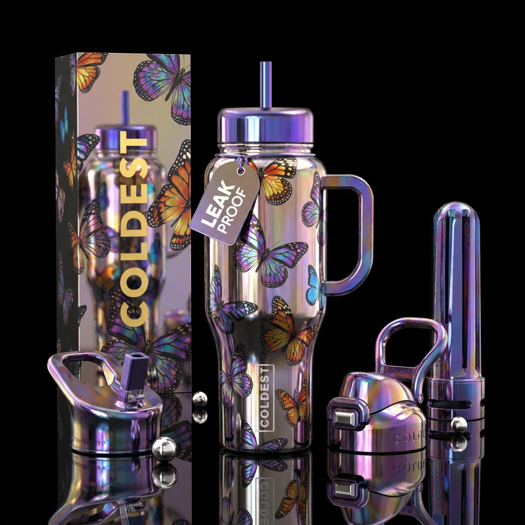 butterfly, vibrant, shiny water bottle design