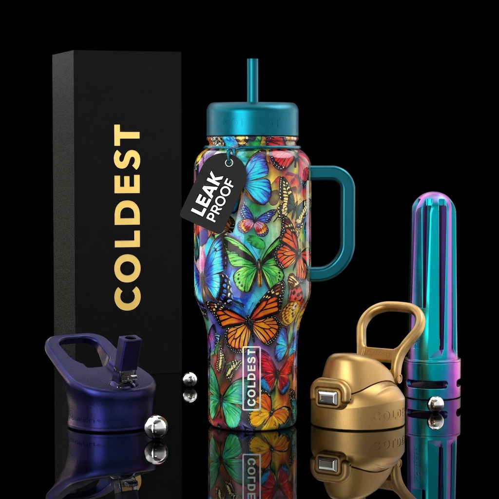 butterfly, vibrant, shiny water bottle design