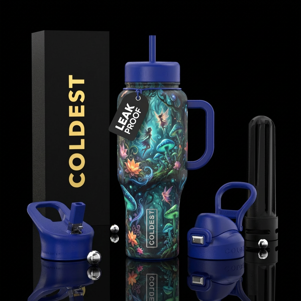 Forest, fairy, magic, blue, green, orange, pink water bottle design