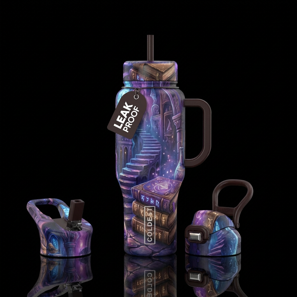 Spell books, staircase, fairy tale, purple, blue, ... water bottle design