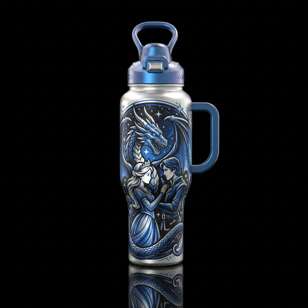 Dragon, princess, lover, stars, blue, silver, blac... water bottle design