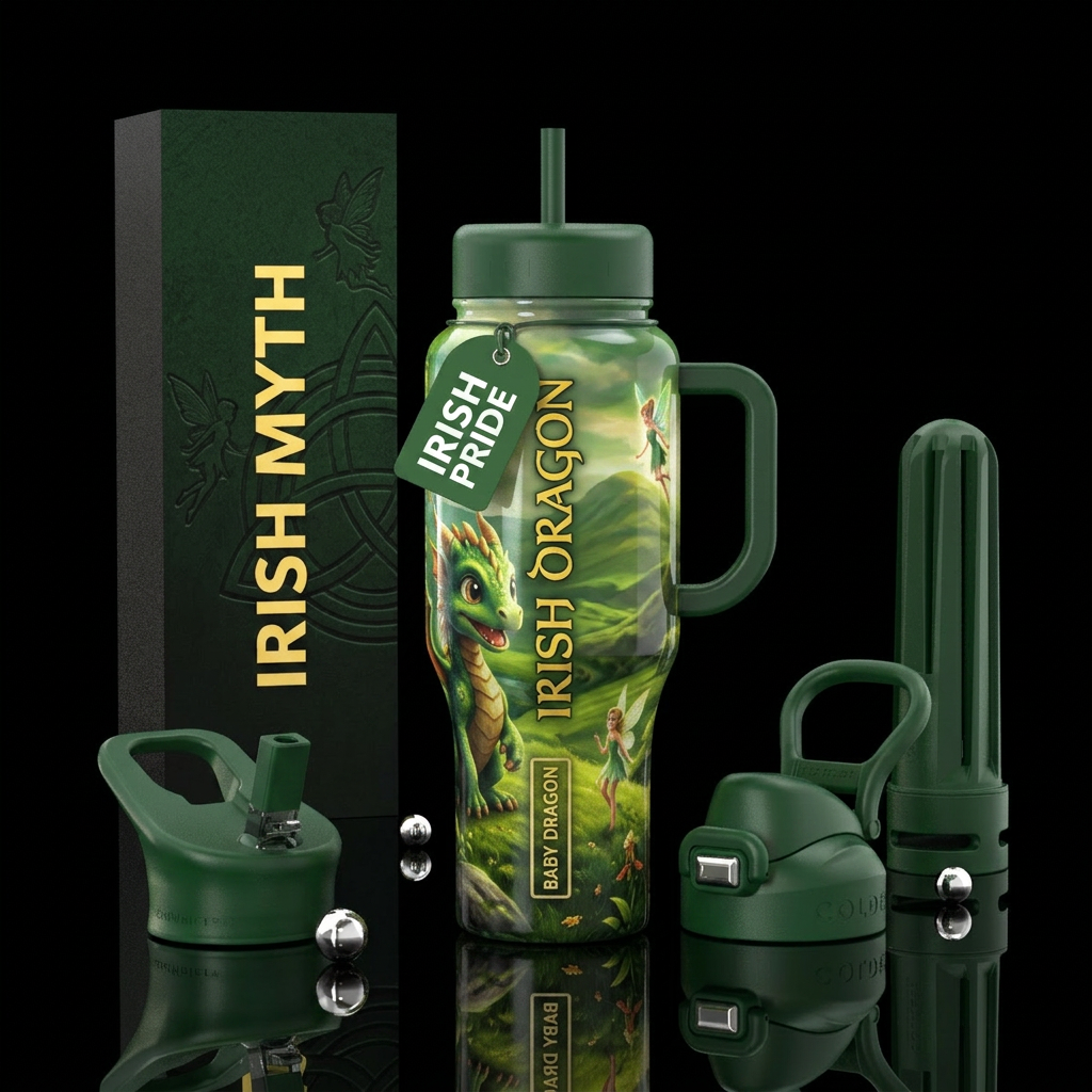 Irish, green, baby dragon's, faries water bottle design