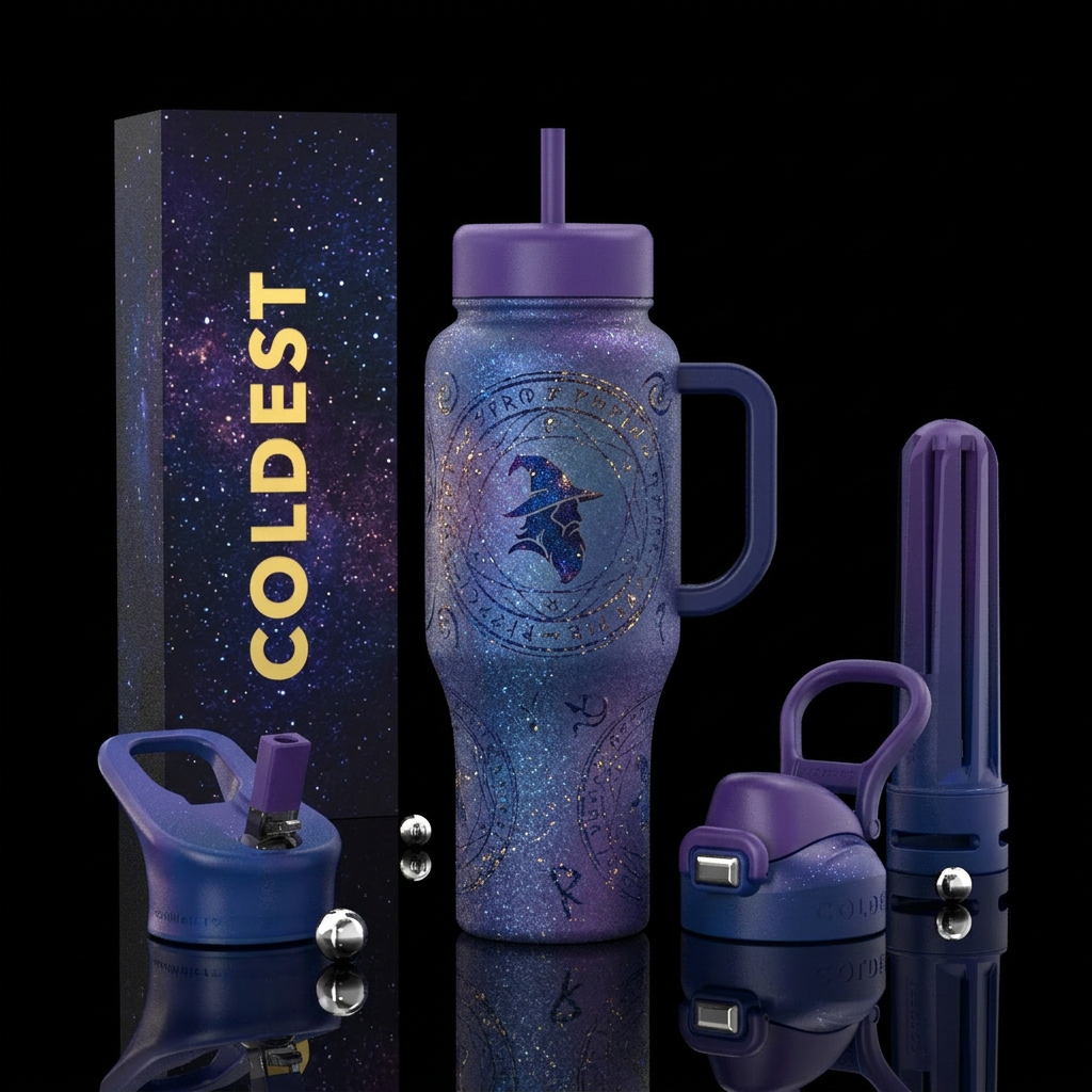 Merlin, blue, magic, glitter, purple, water bottle design