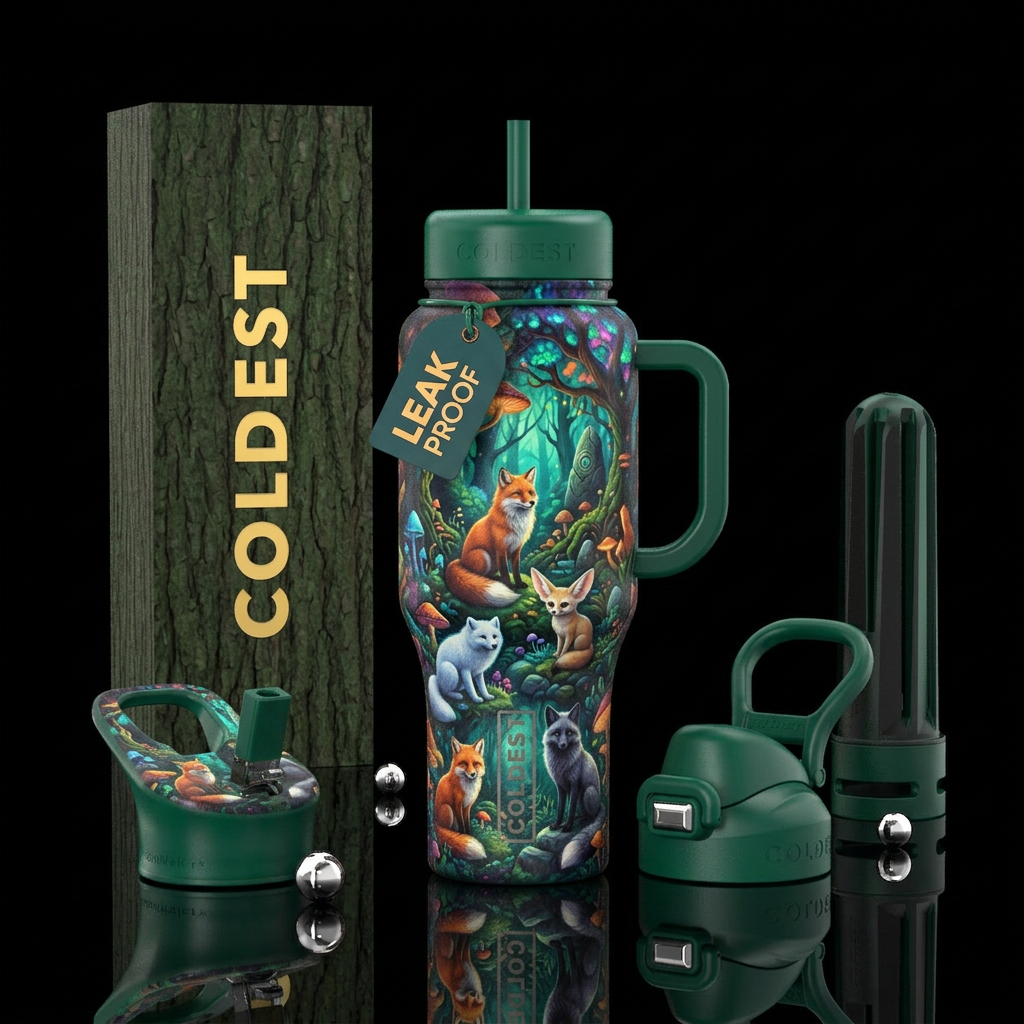 Magical forest with different kinds of foxes water bottle design