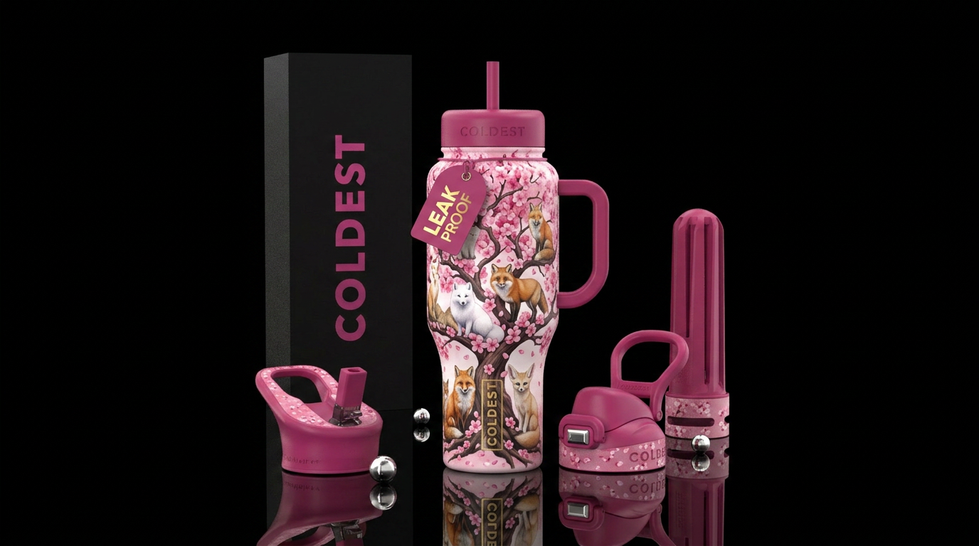 Cherry blossom tree with different kinds of foxes water bottle design