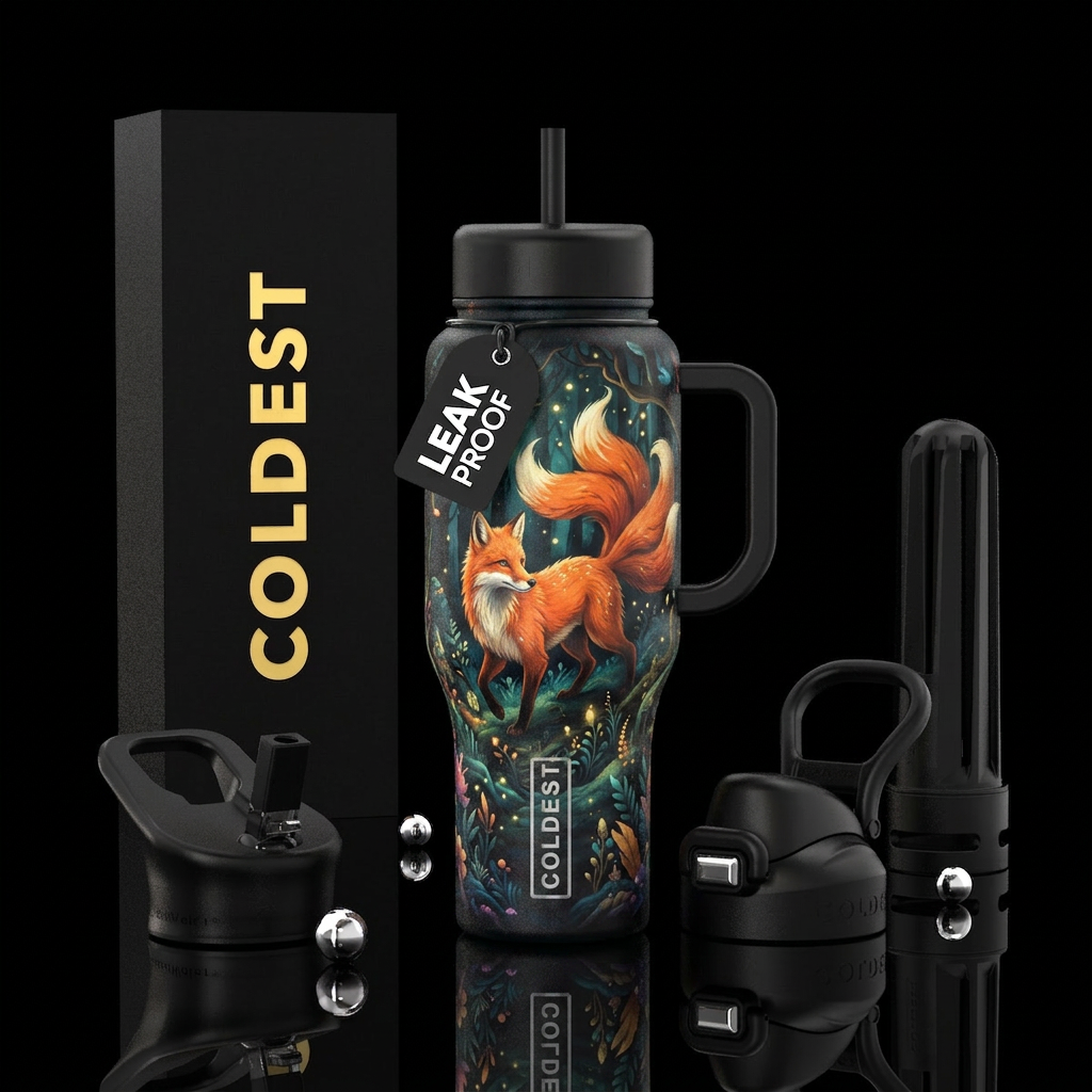Orange nine tail fox, dark mythical forest, fairy ... water bottle design