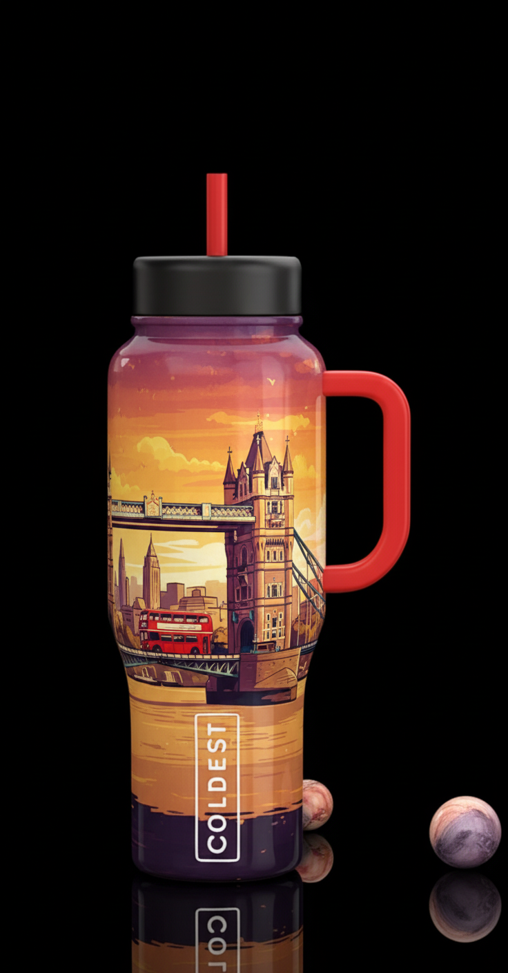 Tower bridge with a red double decker bus driving ... water bottle design