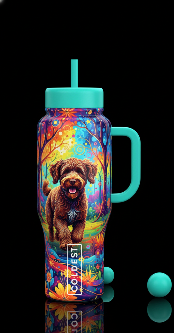Chocolate Labradoodle running through some trees water bottle design