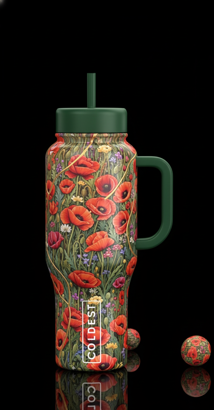 Field of poppies water bottle design