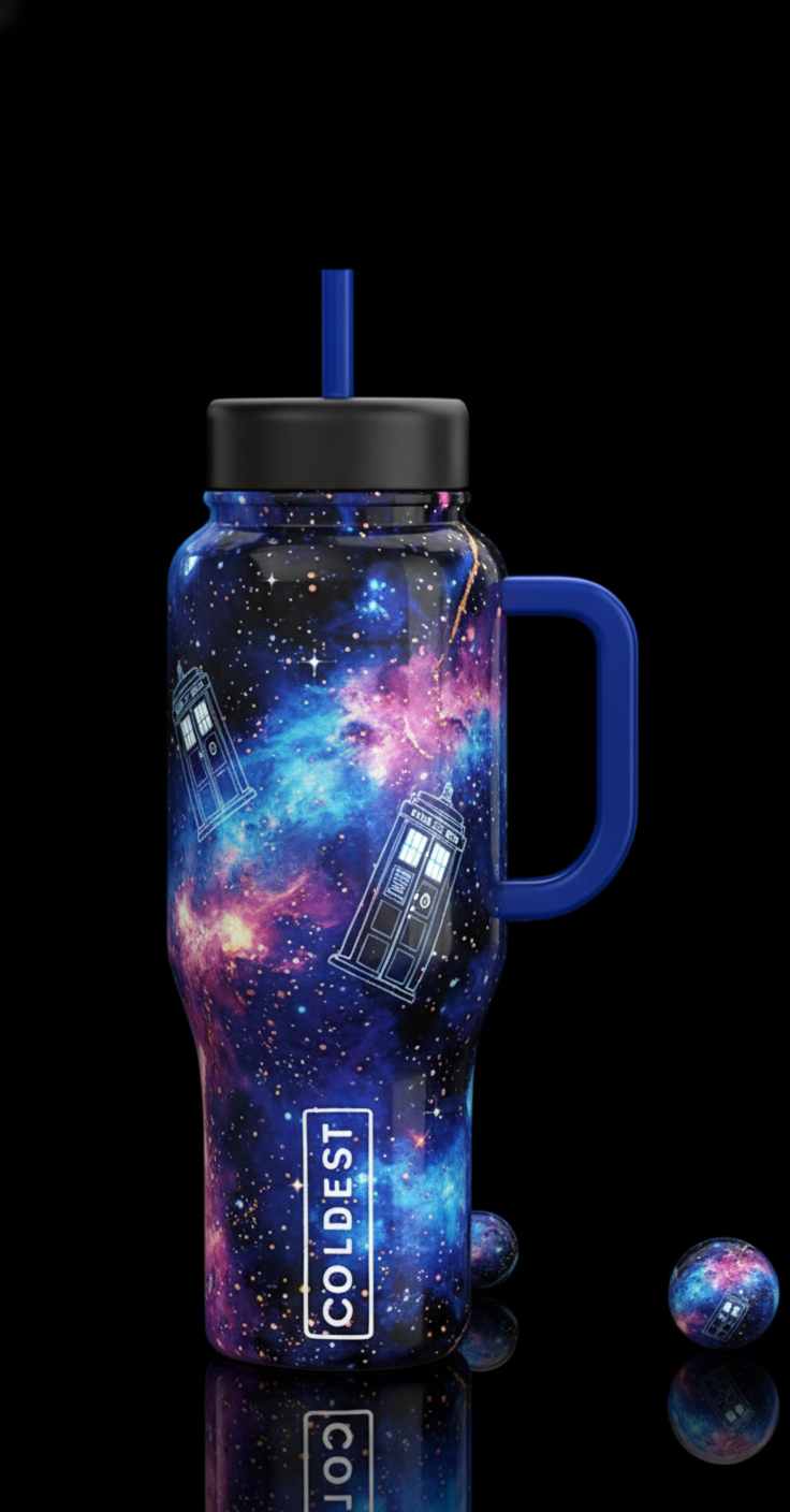 Starry skies tardis water bottle design