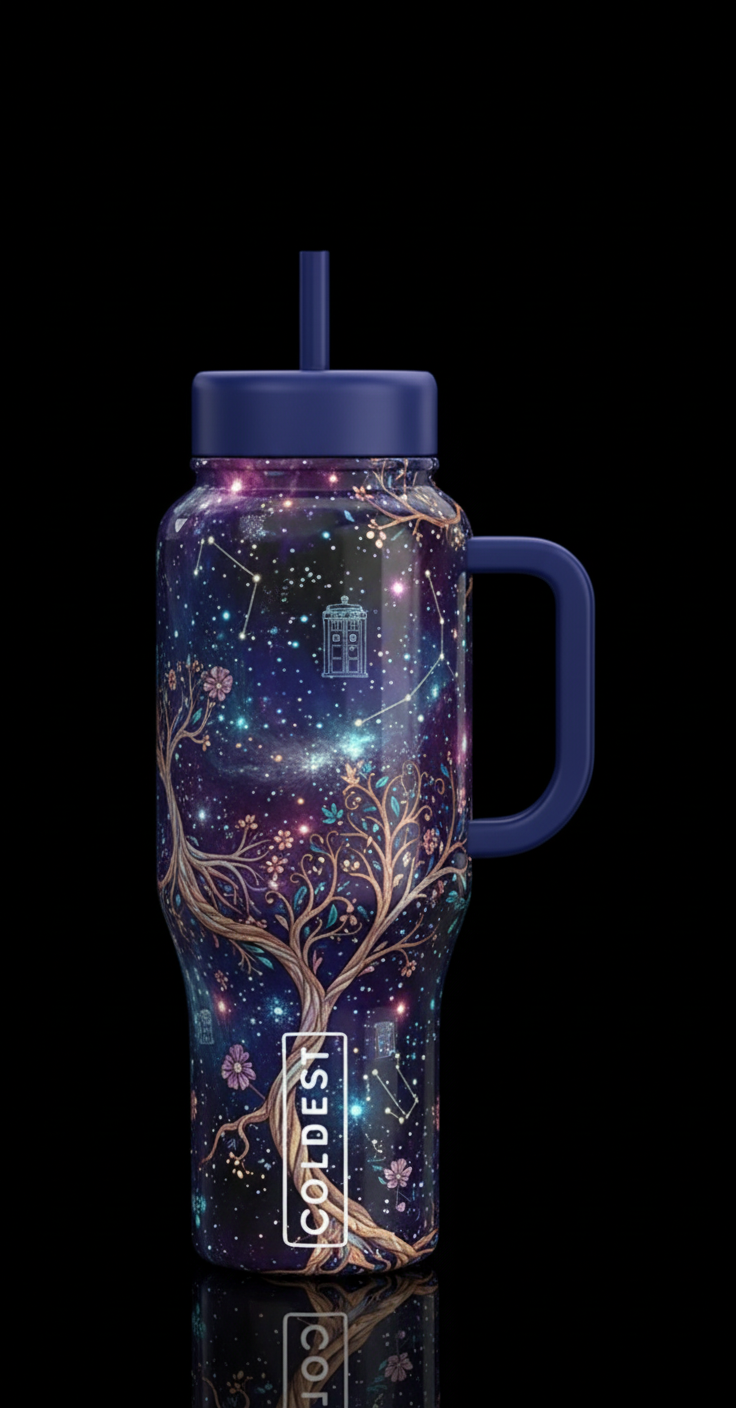 Starry skies tardis water bottle design