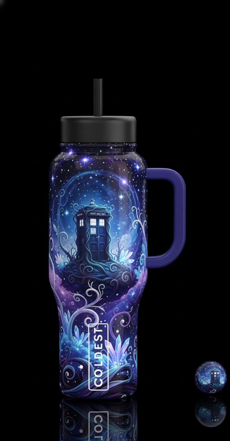 Starry skies tardis water bottle design