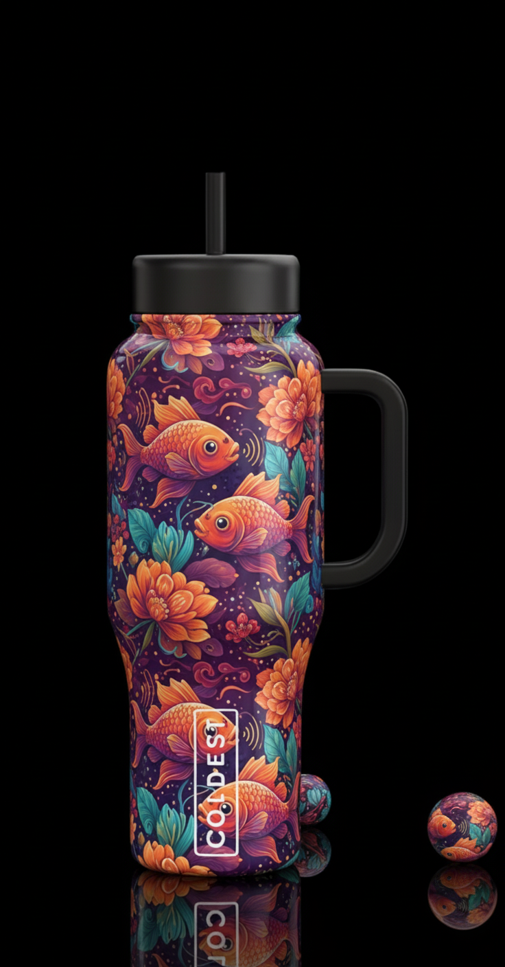 Colorful voice fish and flowers water bottle design