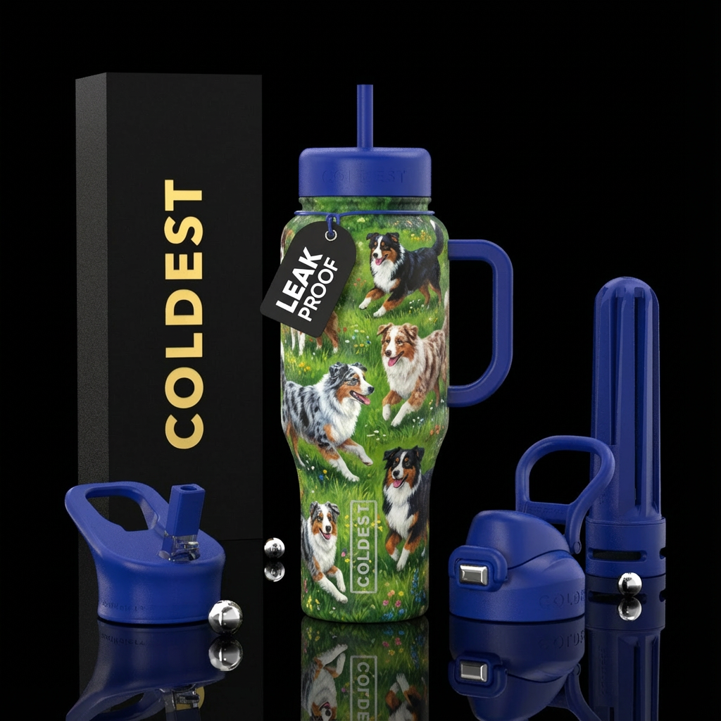 Grass background with austalian shepherds of all d... water bottle design