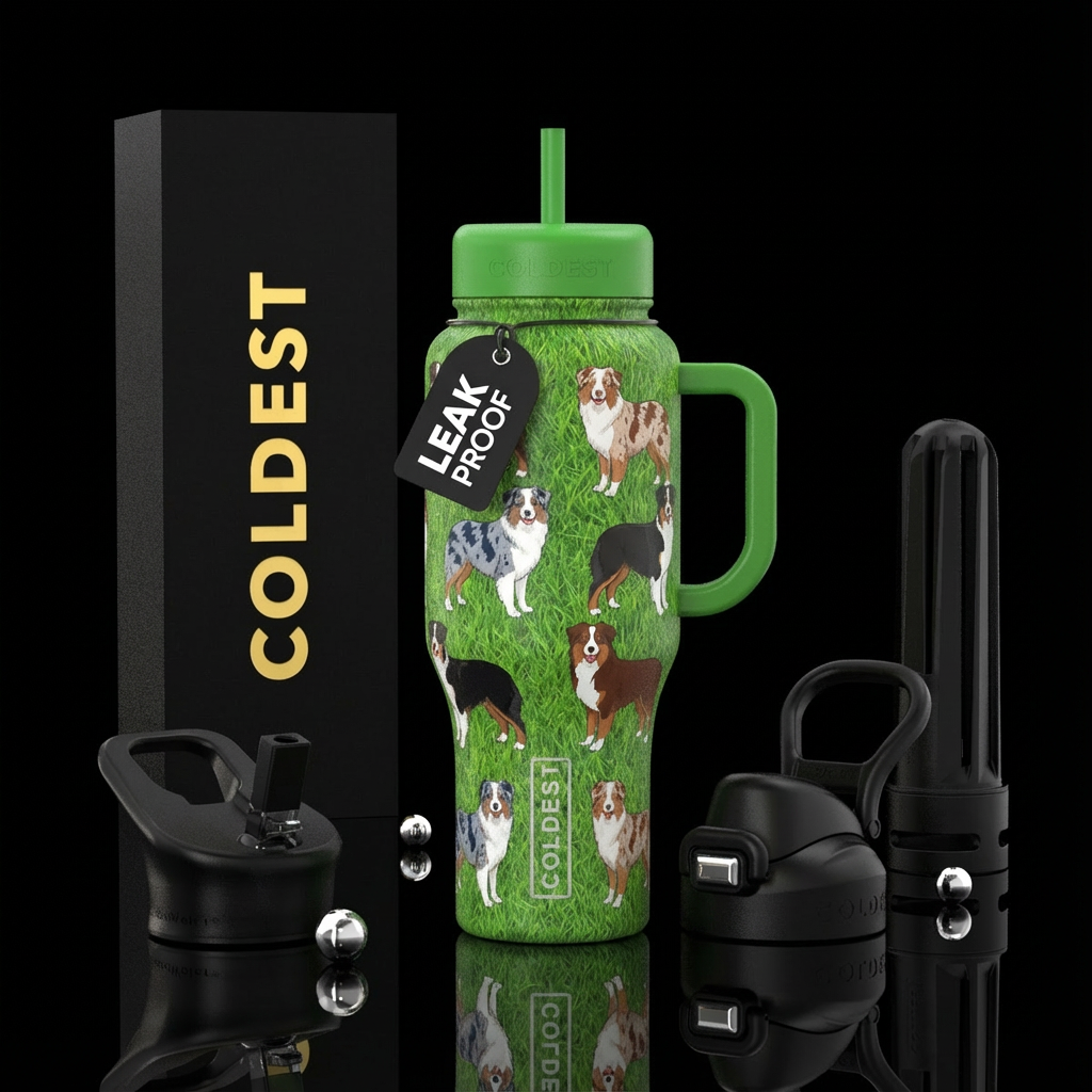 Grass background with austalian shepherds of all d... water bottle design