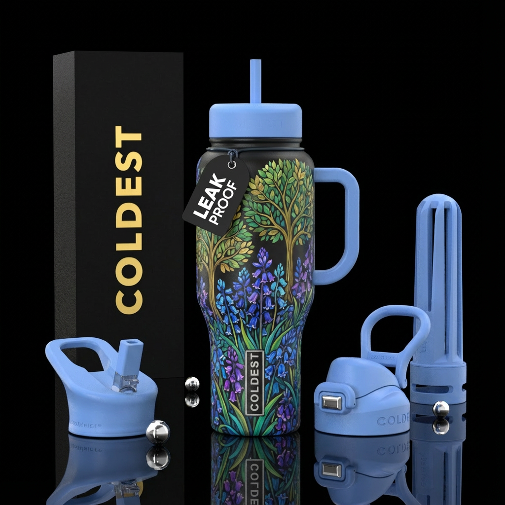 Tumbler with trees surrounded with Englifh Bluebel... water bottle design