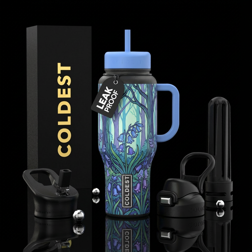 Tumbler with trees surrounded with Englifh Bluebel... water bottle design