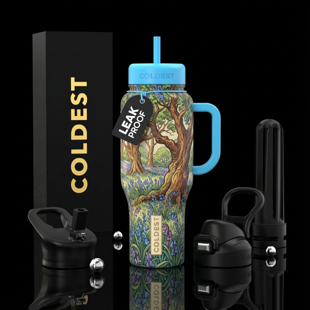 Tumbler with trees surrounded with Englifh Bluebel... water bottle design