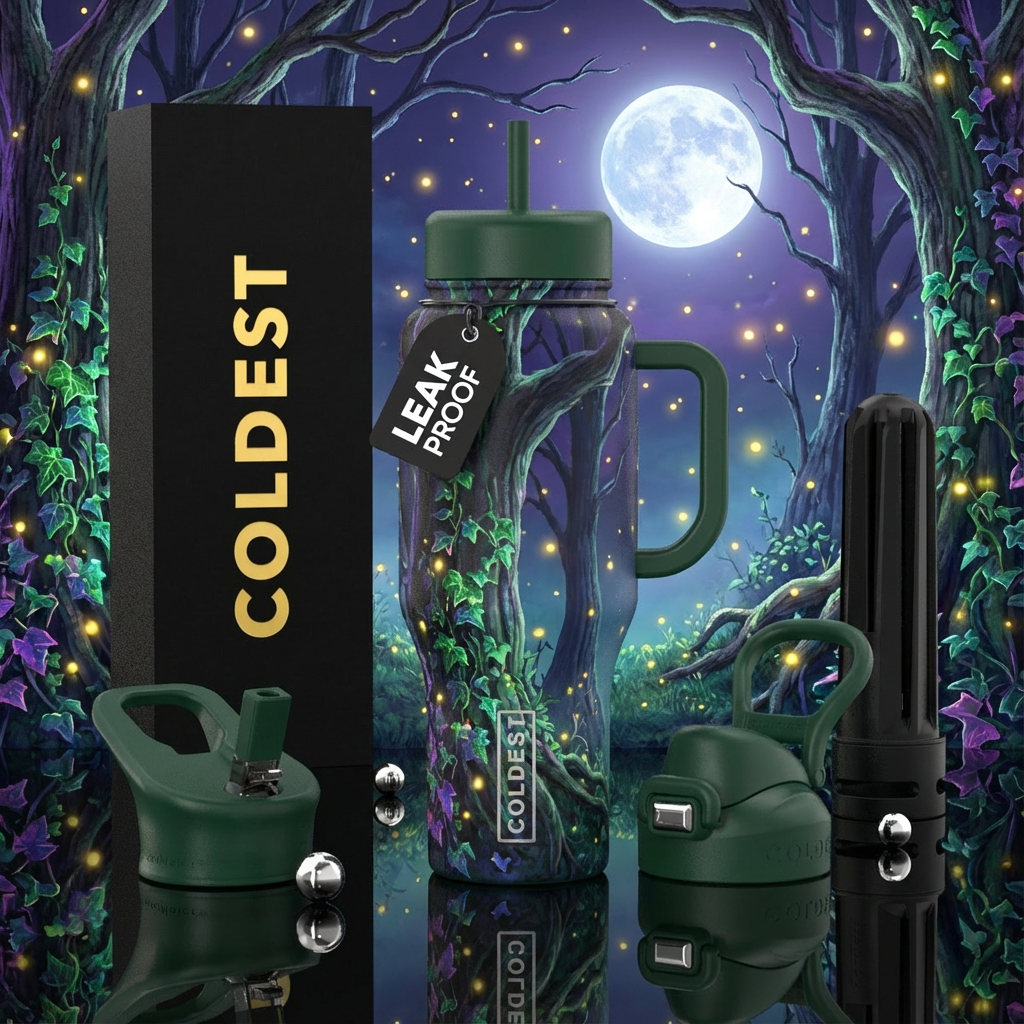 Fantasy forest at night with ivy growing on the tr... water bottle design
