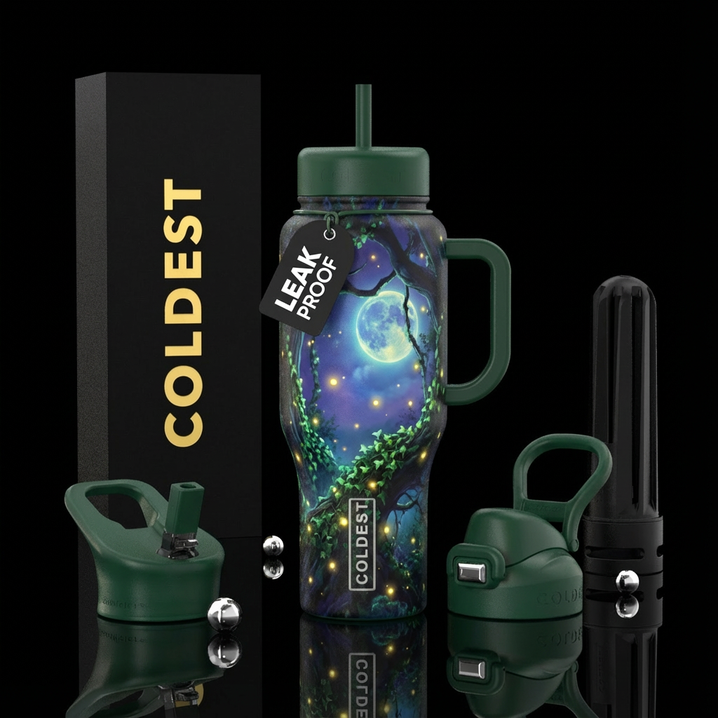 Fantasy forest at night with ivy growing on the tr... water bottle design