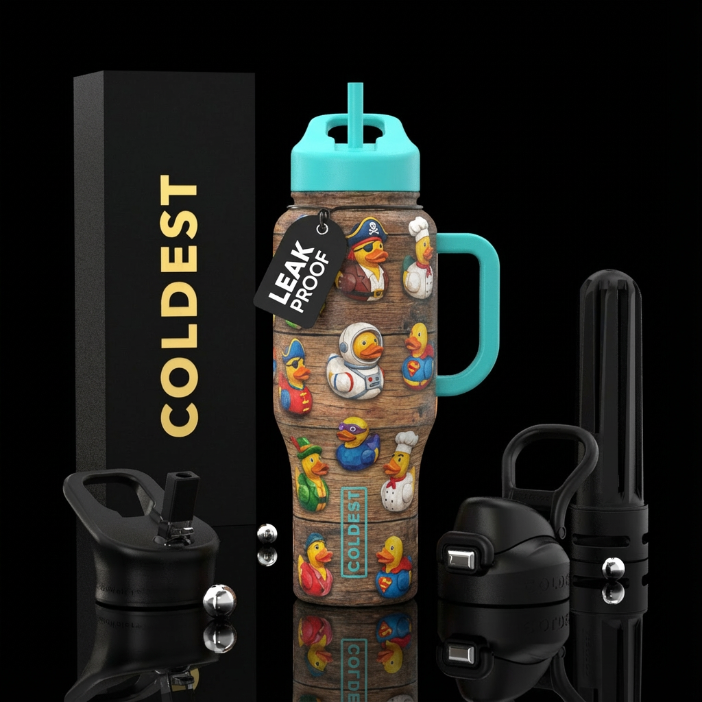 All over design of wooden ducks wearing different ... water bottle design