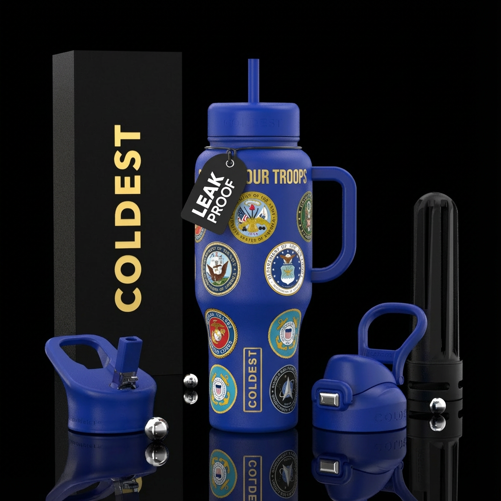 solid color bottle with the emblems of all the US ... water bottle design