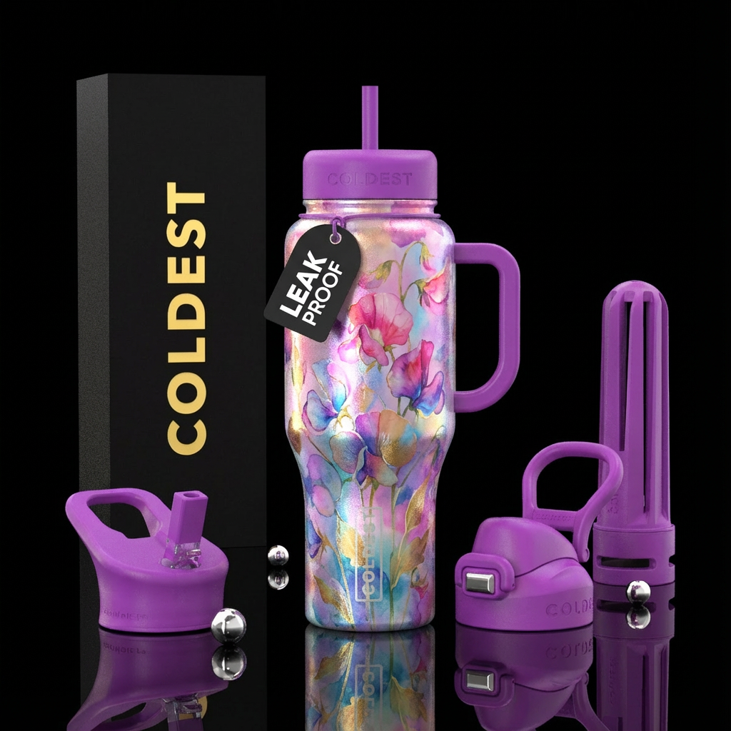 beautiul, watercolor, flowers, sweet peas, irrides... water bottle design