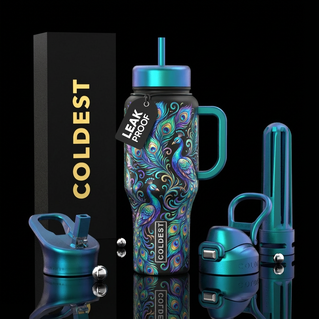 Irridescent  fantasy Peacocks water bottle design