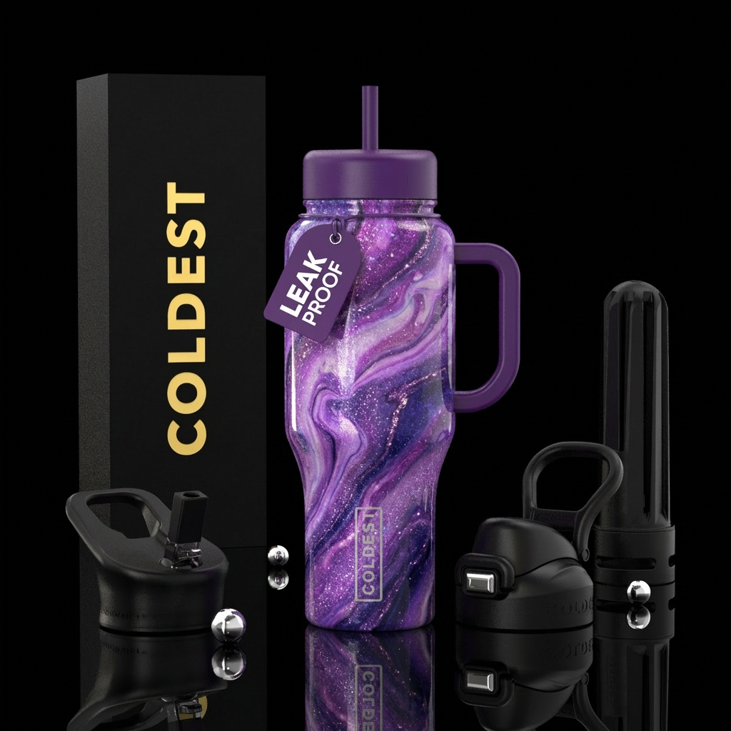 luxurious, sparkly, vibrant marble effect, purples water bottle design