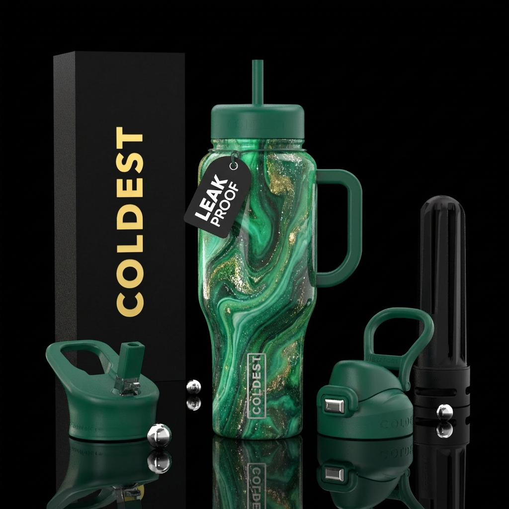 luxurious, sparkly, vibrant marble effect, greens water bottle design