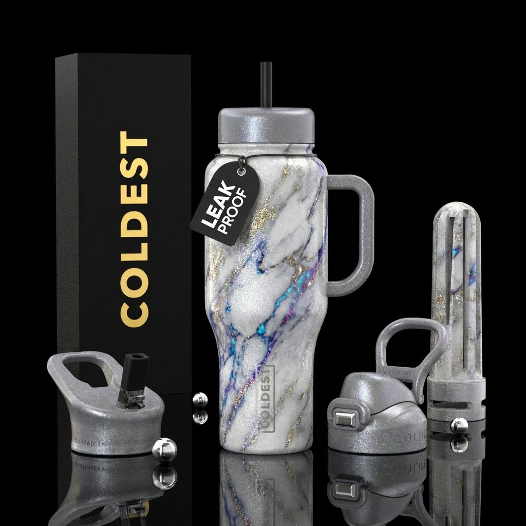 luxurious, sparkly, vibrant marble effect, white, ... water bottle design