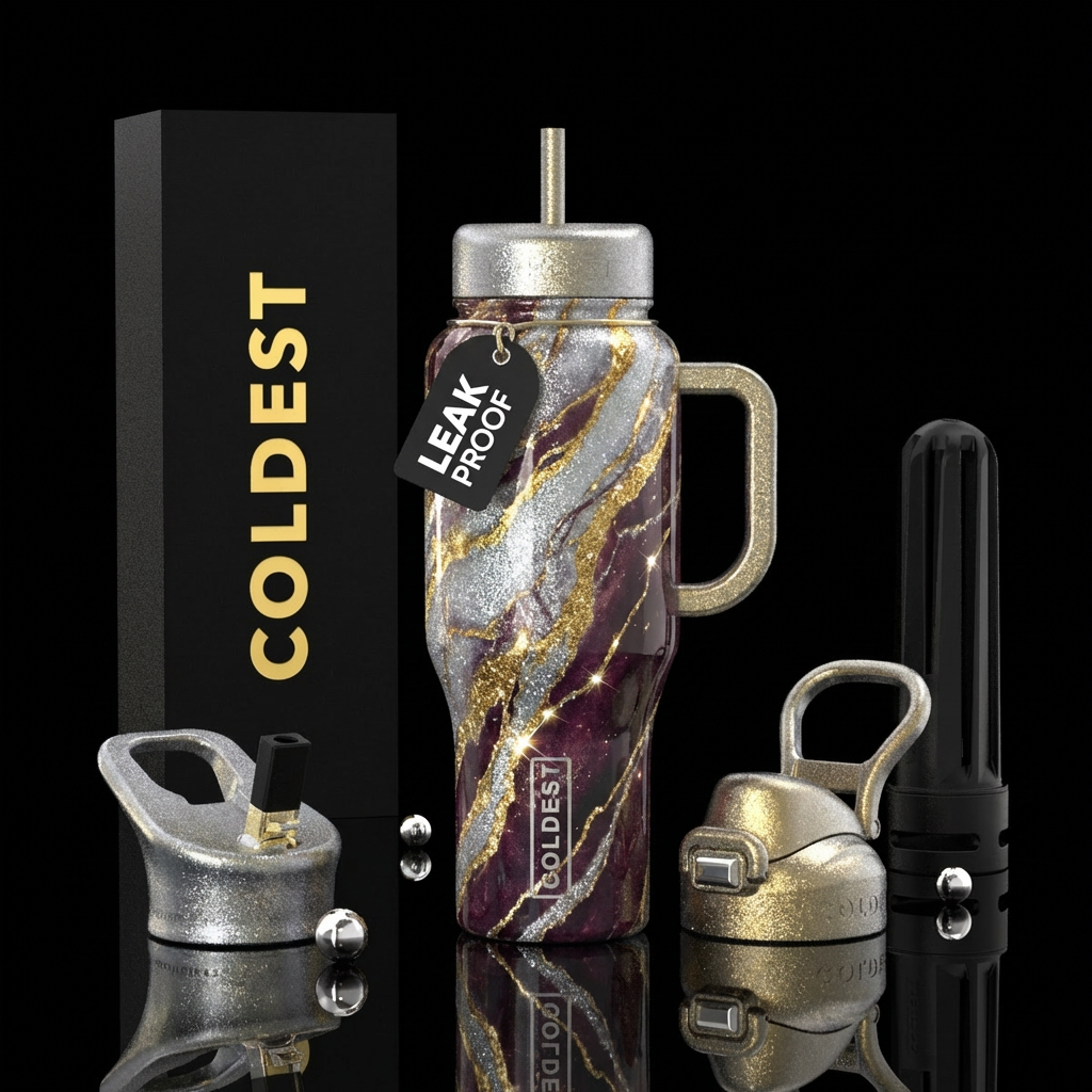 luxurious, sparkly, vibrant marble effect, silver,... water bottle design
