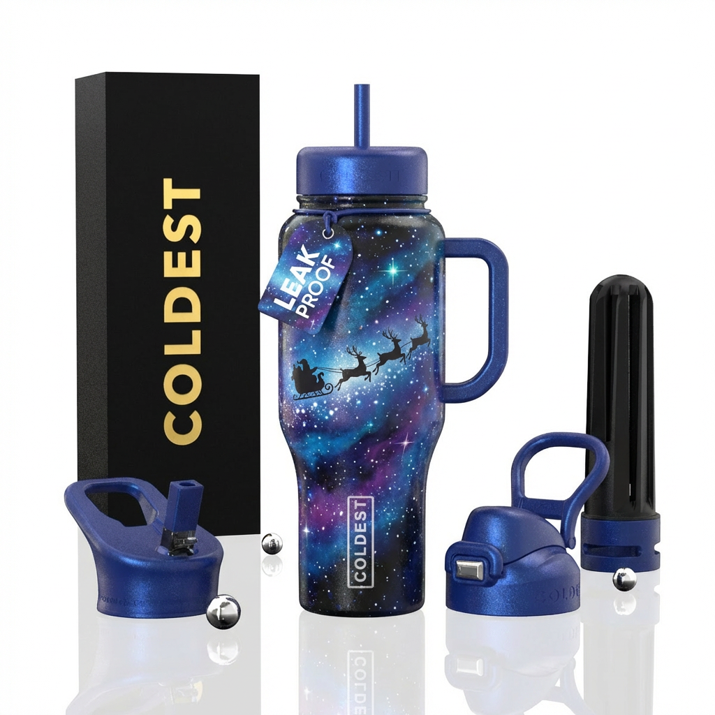 starry night, santa's sleigh and reindeer water bottle design