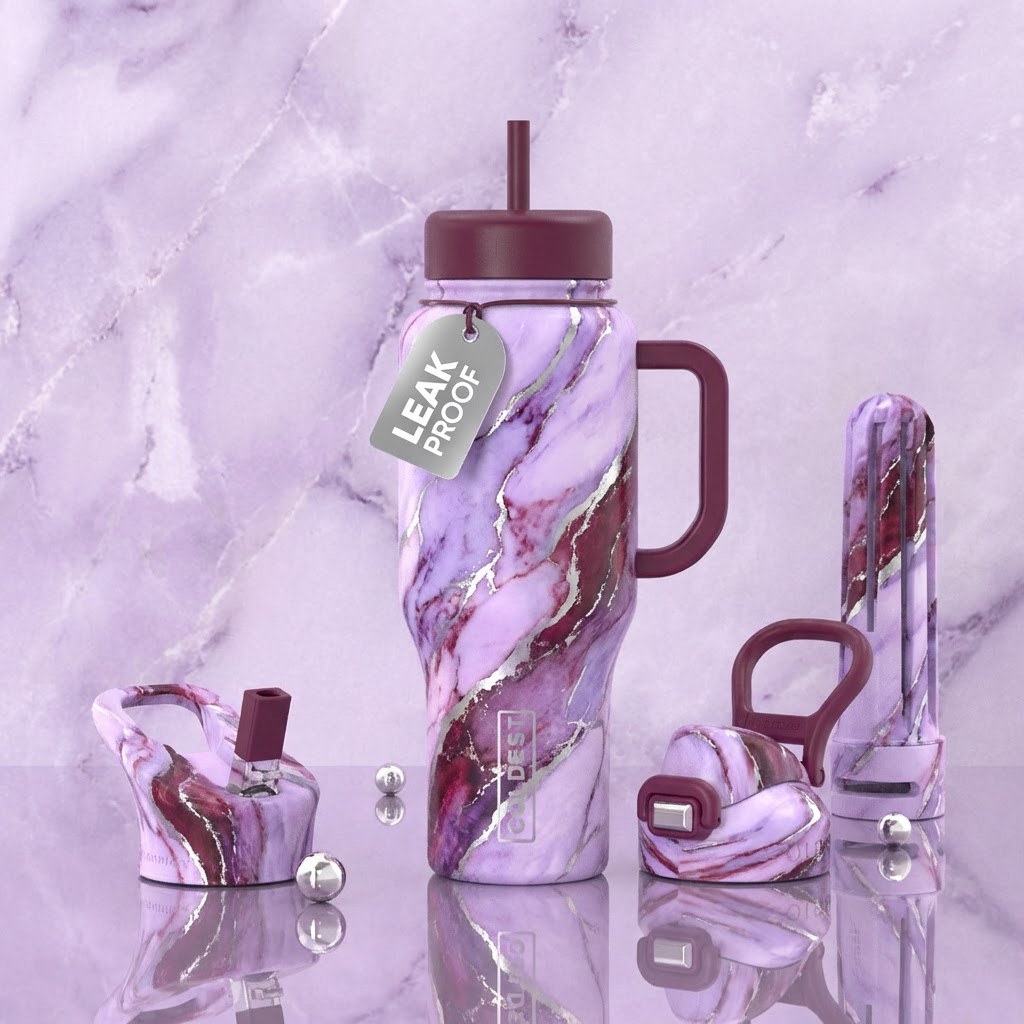 lavender marble background, silver, purple, burgun... water bottle design