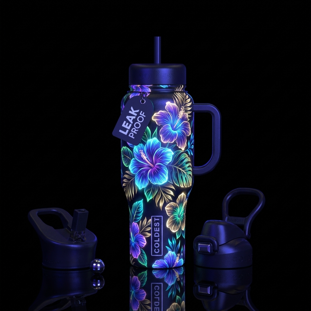 bioluminescent, tropical flowers water bottle design