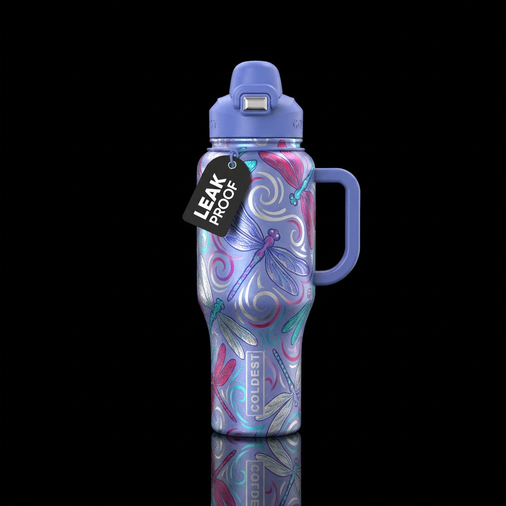 periwinkle, silver, raspberry, turquoise dragonfly water bottle design