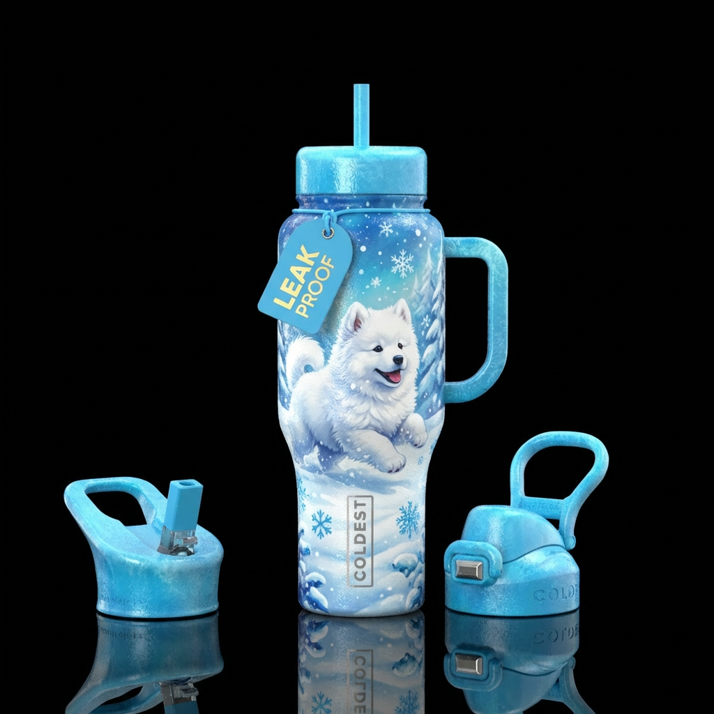 whimsical Samoyed puppy playing in the snow water bottle design