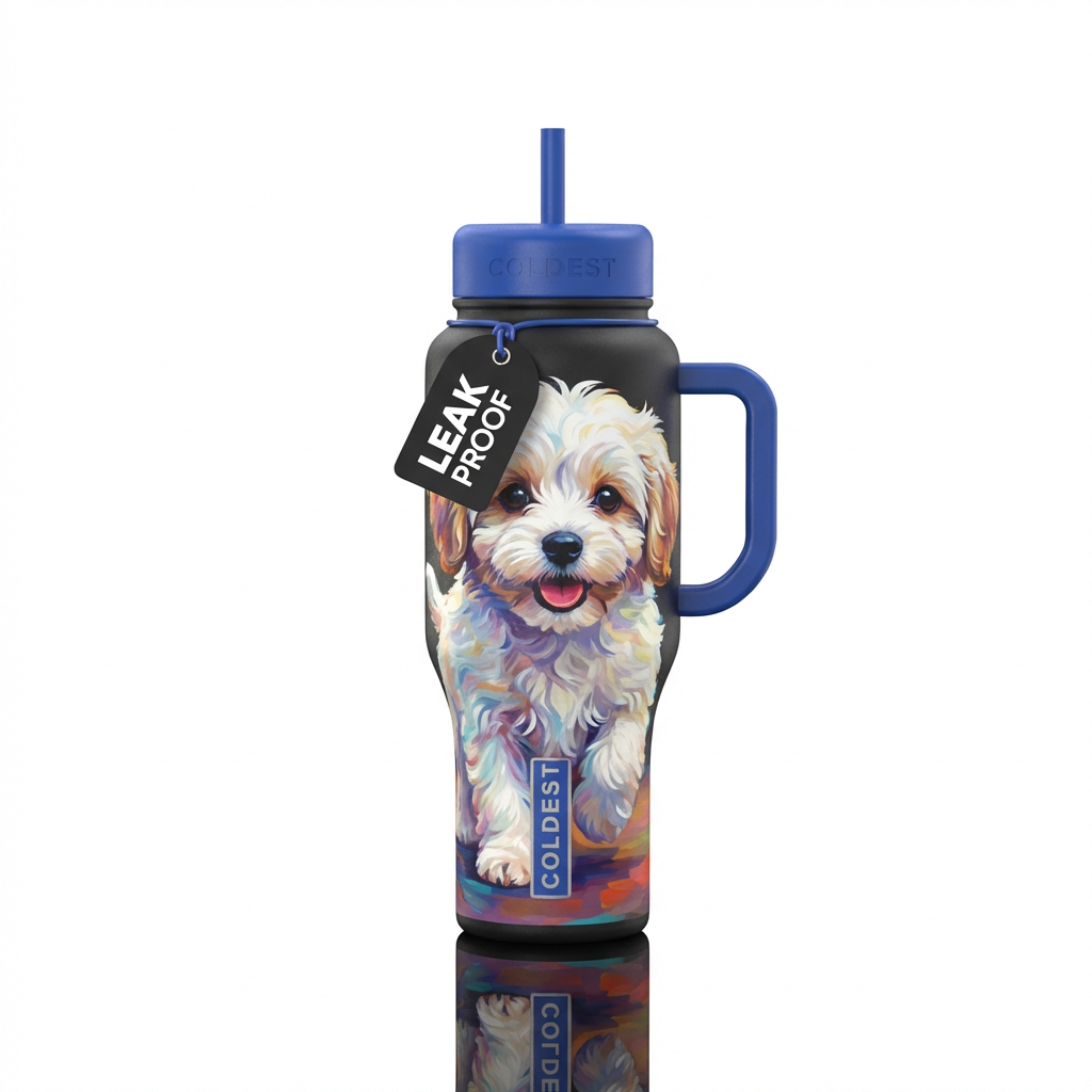 cute white Cavachon puppy playing water bottle design