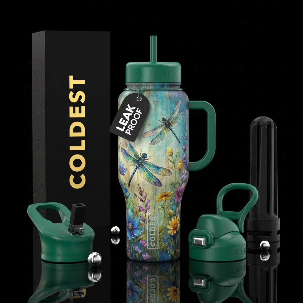 dragonfly, delicate, weathered, summer flowers water bottle design